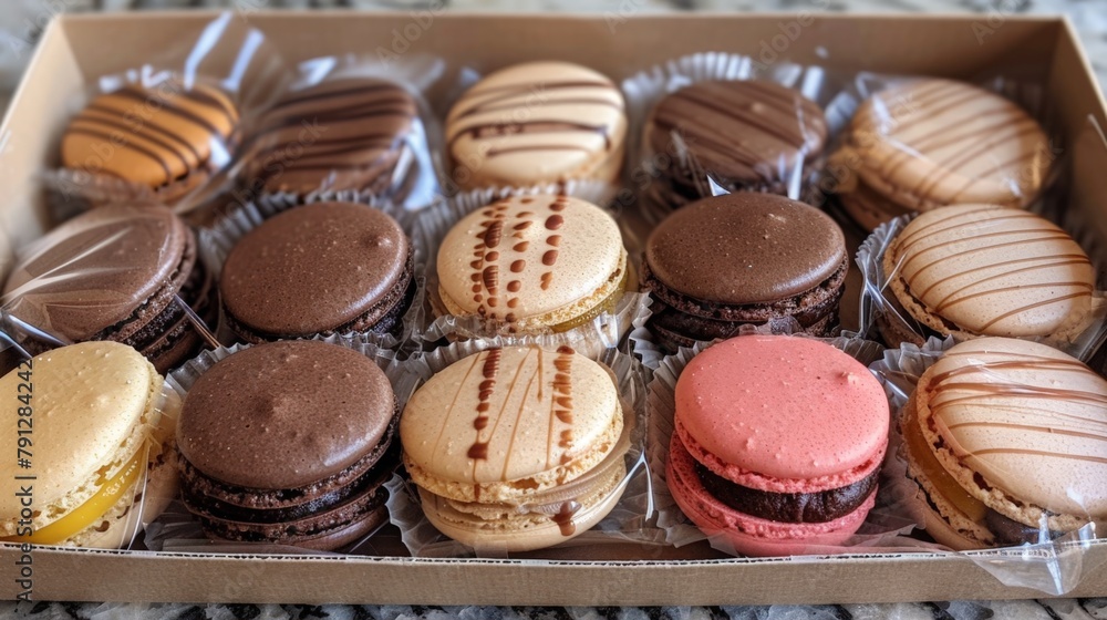 Poster assorted macarons box on table