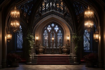 Fototapeta premium Neo-Gothic Castle Foyer Concepts: Illuminated Manuscript Decor & Dark Metal Accents