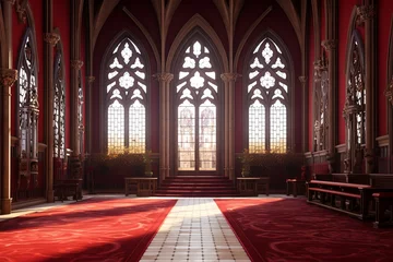 Fotobehang Oriel Windows & Plush Red Carpets: Neo-Gothic Castle Foyer Concepts © Michael