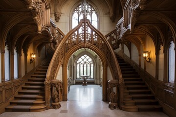 Fototapeta premium Stained Glass Grandeur: Neo-Gothic Castle Foyer Designs with Arched Ceilings