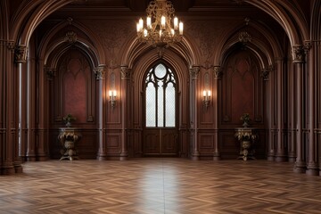 Ornate Neo-Gothic Castle Foyer: Crown Molding Charms & Dark Wood Floors Ambiance