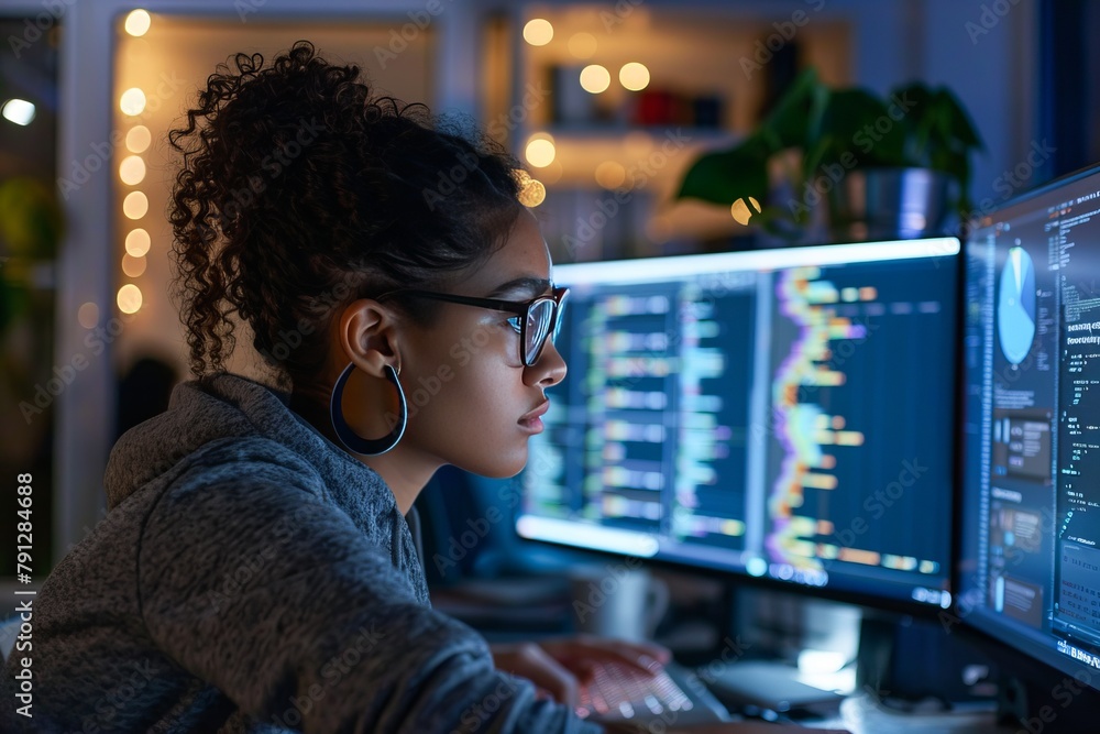 Aufkleber female software engineer working intensely on multiple computer screens at night