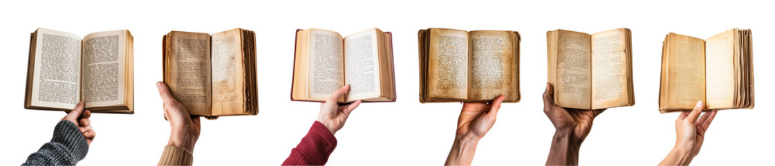 Collection of hand holding open old antique books isolated on a transparent background, PNG