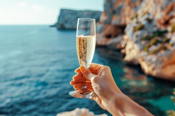Celebratory Champagne Toast Overlooking a Crystal Clear Sea at Sunset