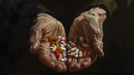 A pair of old hands holds a handful of medicine