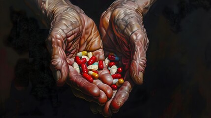 A pair of old hands holds a handful of medicine - obrazy, fototapety, plakaty