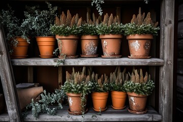 Fototapeta na wymiar Frost-Resistant Terracotta Pots & Evergreen Plants: Rustic Mountaineer's Ski Lodge Ideas