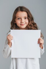 Smiling Young Girl Holding a Blank White Poster in a Studio