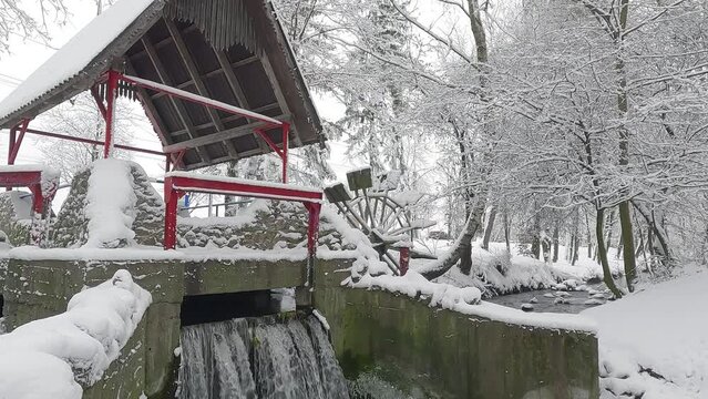 Unfrozen Strypa river. Snowy winter scene of botanical garden. Old water mill in Topilche park,  Ternopil, Ukraine, Europe. Cold morning view of city park. 4K video (Ultra High Definition).