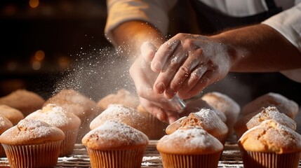 Obraz na płótnie Canvas A baker sprinkling coarse sugar on muffins before they enter the oven, close-up, capturing the sparkle of the sugar crystals. 