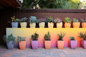 Fototapeta premium Sunrise Yoga Meditation Patio Ideas: sunrise gradient walls and succulent planters Zen Haven.