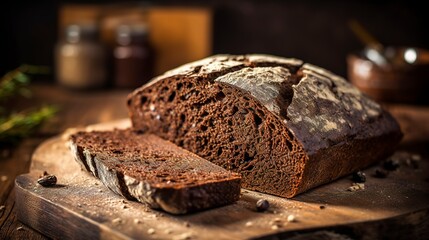 Traditional German rye bread, close-up, with a focus on the dense crumb and dark crust, on a wooden board. - obrazy, fototapety, plakaty