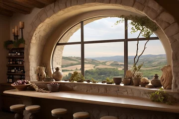 Fotobehang Panoramic Tuscan Hillside Wine Tasting Room Designs with Textured Plaster Windows © Michael