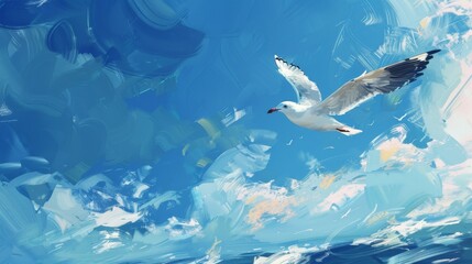 Fototapeta na wymiar Seagull soaring above ocean under clear sky