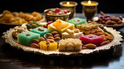 Obraz na płótnie Canvas Close-up of a Diwali-themed platter with assorted traditional sweets, vibrant and rich in color, on a golden tray. 