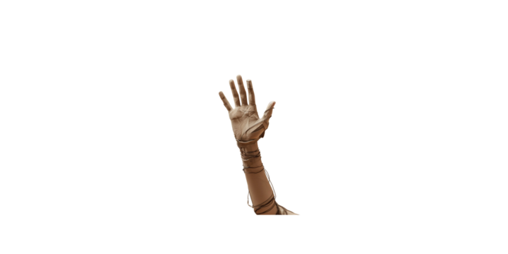 A human hand reaching into the air towards the camera, made of leather and wires wrapped around it, on a beige background