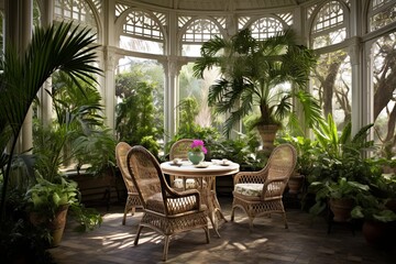 Fototapeta premium Potted Palms and Silk Tassel Elegance: Victorian Tea Garden Patio Inspirations