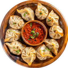 Nepalese traditional dumpling momos (steamed / fried) served with tomato chutney, Shewan sauce, isolated on white background.