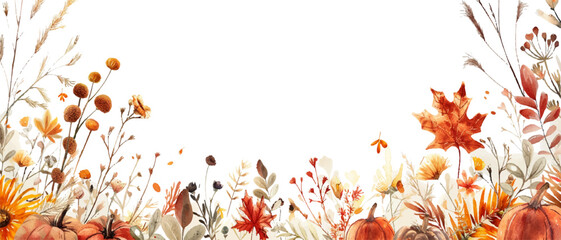 Watercolor autumn border with pumpkins, leaves and wildflowers on a white background