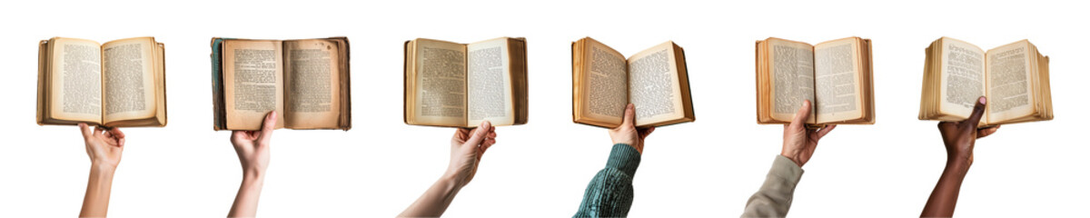 Collection of hand holding open old antique books isolated on a transparent background, PNG