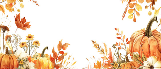 Watercolor autumn border with pumpkins, leaves and wildflowers on a white background