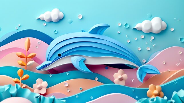 A cute dolpin, layered paper style, paper folding art, A gorgeously rendered papercraft world, graphic design,