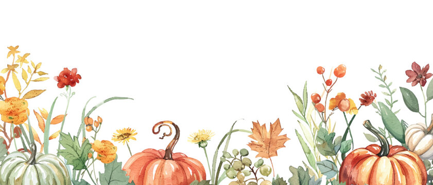 Watercolor autumn border with pumpkins, leaves and wildflowers on a white background