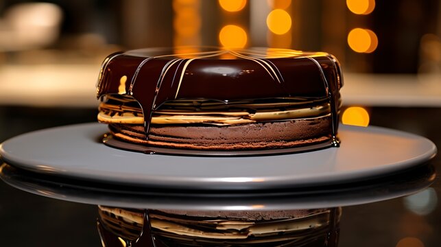 Close-up of a decadent chocolate mousse cake with a mirror glaze, reflecting the soft glow of ambient light, on a glass stand.