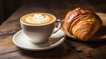 Close-up of a steaming latte with intricate latte art, in a ceramic cup on a rustic wooden table, next to a croissant. 