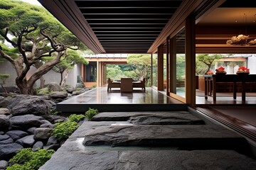 Stone Pathway Serenity: Zen Buddhist Temple Living Room Inspirations from Indoor to Outdoor