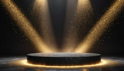 Black stone podium or pedestal with golden back frame display on dark background with round platform with golden dust and fog light . Blank product shelf standing backdrop. 3D rendering.