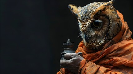 Surreal of Owl Monk Holding Prayer Wheel on Black Background