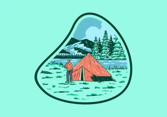 Fototapeten River side camping. Vintage outdoor illustration badge © Adipra
