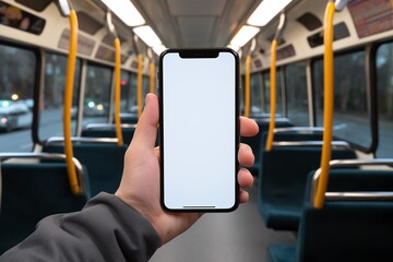 A man hand holiding Cell phone white screen mockup in bus.