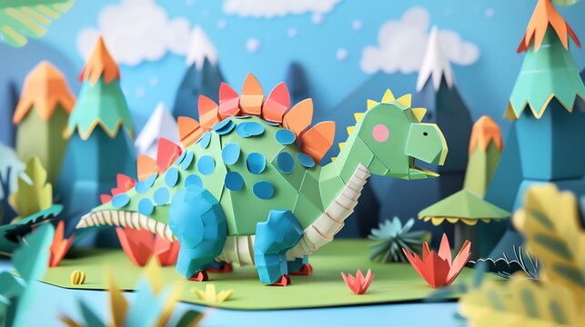 A cute dinosaurus, layered paper style, paper folding art, A gorgeously rendered papercraft world, graphic design,