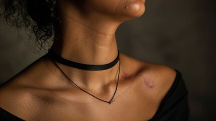 The scars on a womans neck where a choker necklace once rested symbolize the freedom and liberation she has found in being true to herself. . - obrazy, fototapety, plakaty