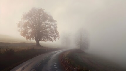 road and big trees in fog, mystical foggy autumnal day