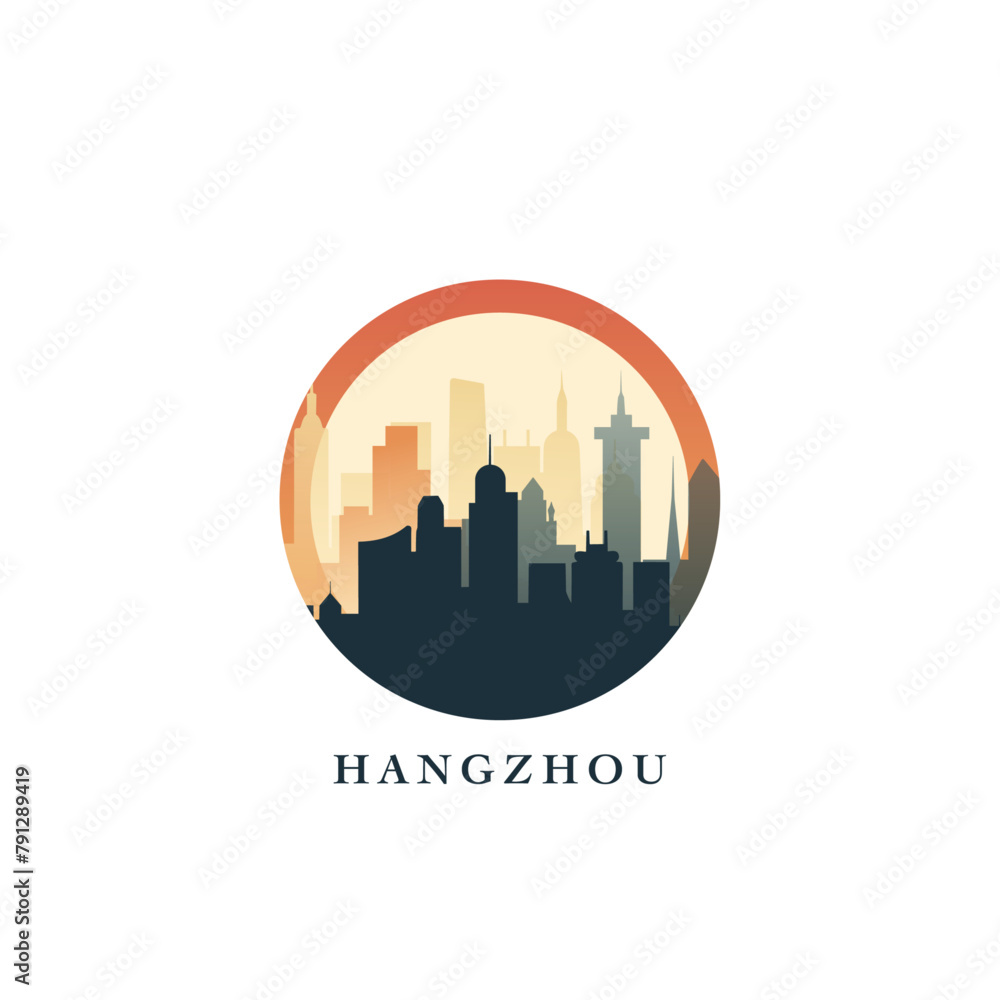 Wall mural hangzhou cityscape, gradient vector badge, flat skyline logo, icon. china city round emblem idea wit