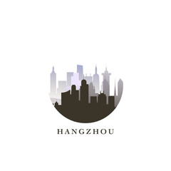 Naklejka premium Hangzhou cityscape, gradient vector badge, flat skyline logo, icon. China city round emblem idea with landmarks and building silhouettes. Isolated graphic
