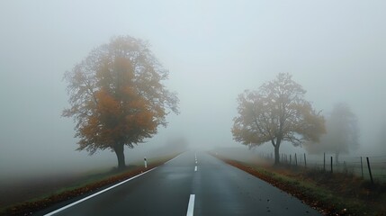 road and big trees in fog, mystical foggy autumnal day - obrazy, fototapety, plakaty