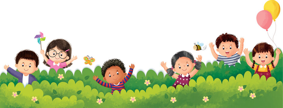 children playing in the garden hand-drawn cartoon illustration