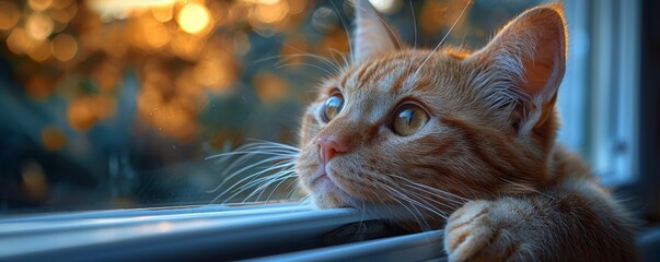 A ginger cat is sitting on a window sill, looking outside. The cat is backlit by the setting sun. - obrazy, fototapety, plakaty