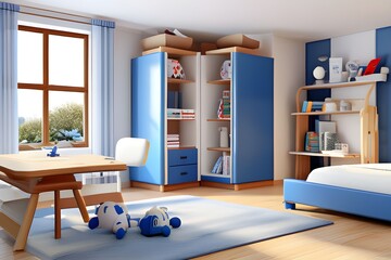 Children's room design featuring blue and white furniture in 3D.
