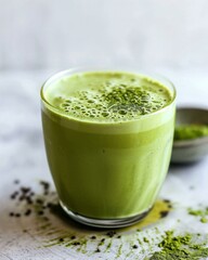 Refreshing Matcha Tea Smoothie: Vibrant matcha tea smoothie with a dusting of matcha powder on top