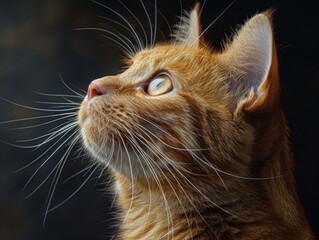 A ginger cat looking up at something off camera with a curious expression on its face.