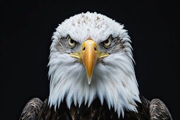 Obraz premium A closeup of a bald eagle looking straight into the camrea, on black background