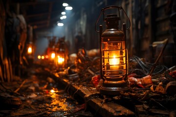 Kerosene lamp in a dark abandoned building. Selective focus.