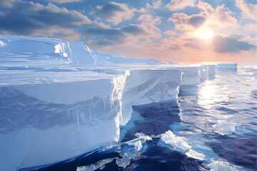 Huge pieces of Antarctic ice are melting in the blue water. Global warming. North landscape background - obrazy, fototapety, plakaty