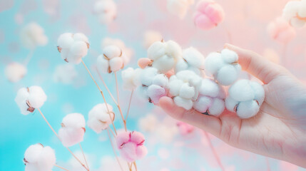 Banner with cotton on pink and blue background.  Concept of nature