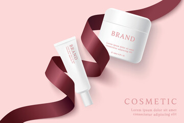 Cosmetic product ads template on pink background with red ribbon.